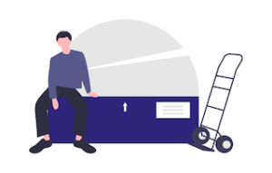 Eine Person, die auf einer Kiste neben einer Sackkarre sitzt. Minimalistisches Design mit gedämpften Farben und einem kreisförmigen Hintergrund.